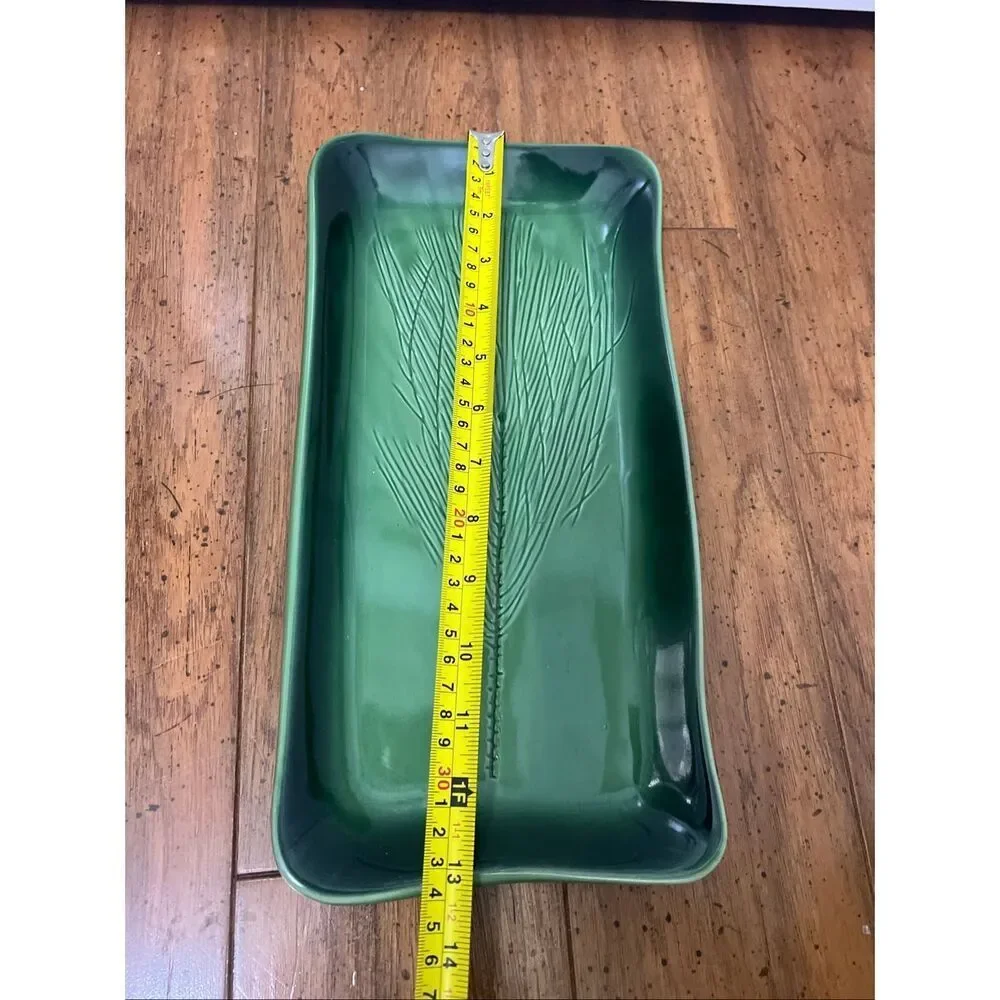 Kay Wayne Signed Studio Art Pottery Pine Needle Branch Green Serving Platter